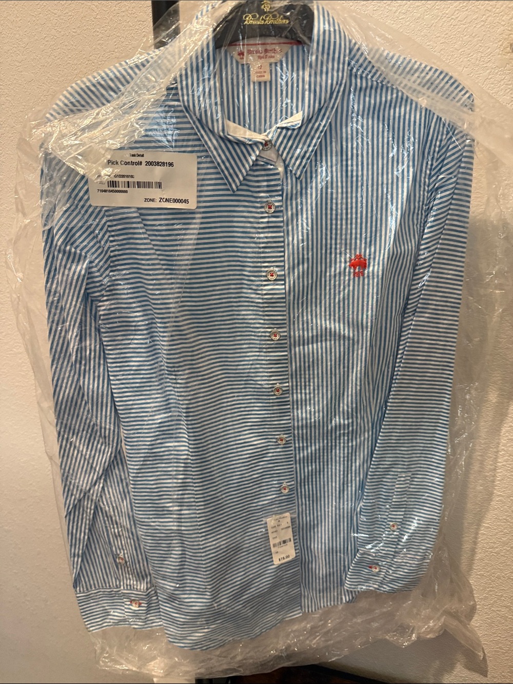 Brooks Brothers Blue and White Striped Button-Down with Red Embroidered Logo